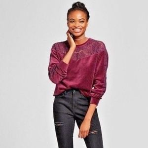 Velour Lace Pullover Sweatshirt Purple Long Sleeve